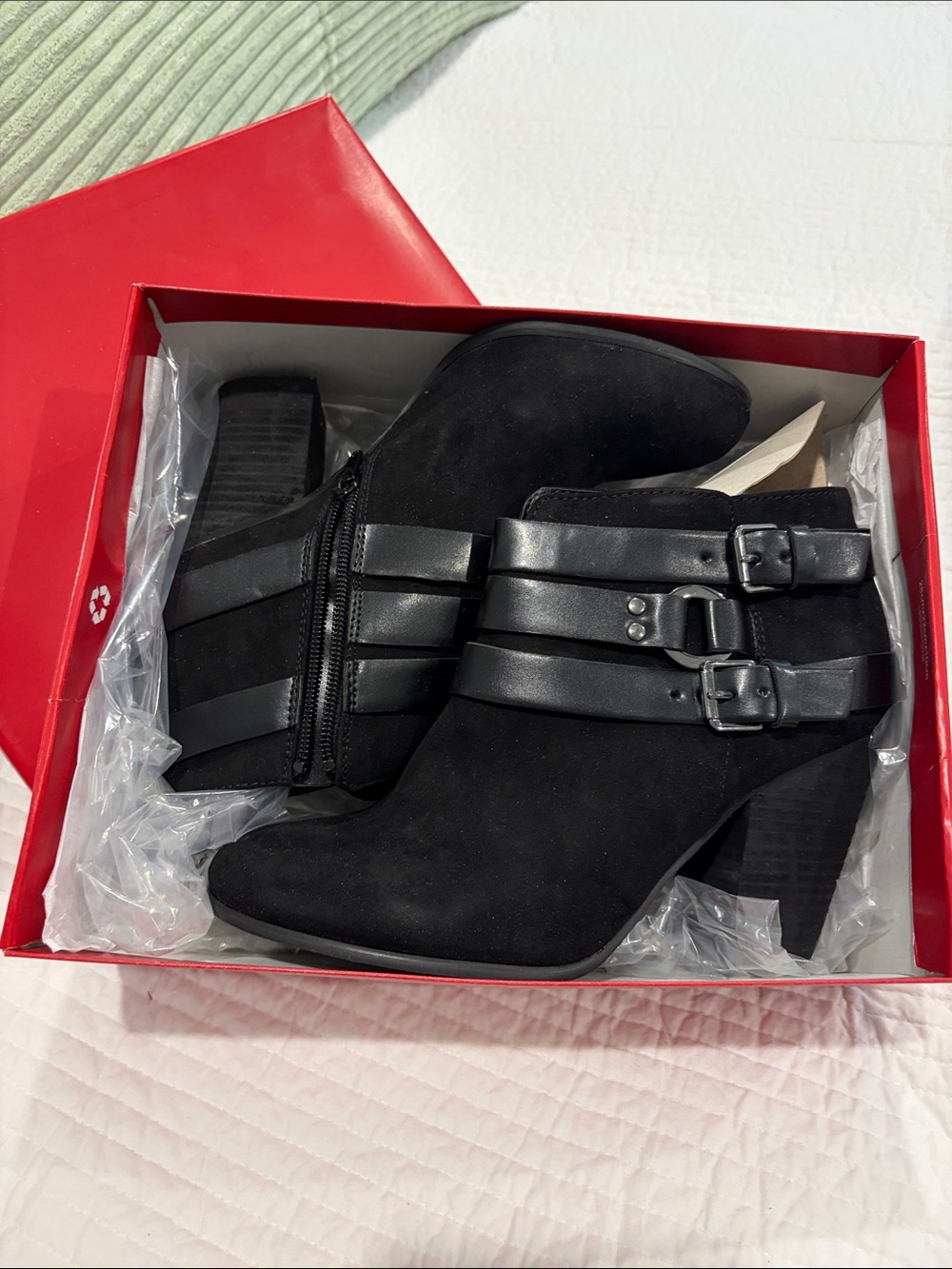 Carlos Santana Black Suede-Look Ankle Booties with Buckle Straps